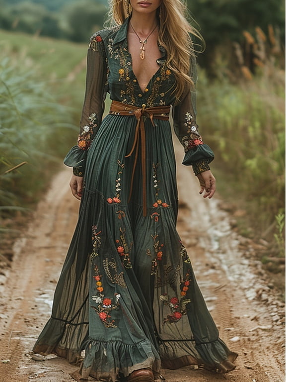 Women's Ethnic Retro Floral Maxi Dress Long Sleeve Boho Pleated Party Shirt Dress with Buttons(NO Belt), 3XL