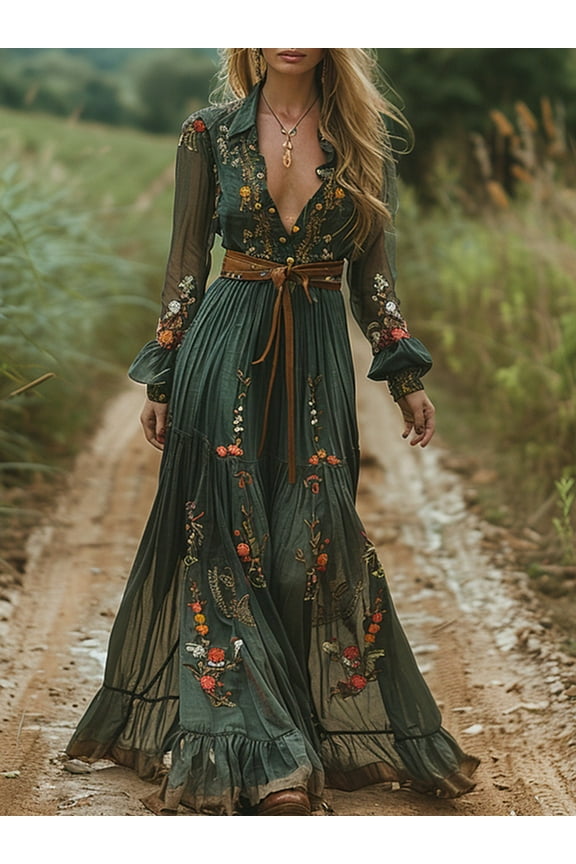 Women's Ethnic Retro Floral Maxi Dress Long Sleeve Boho Pleated Party Shirt Dress with Buttons(NO Belt), XL