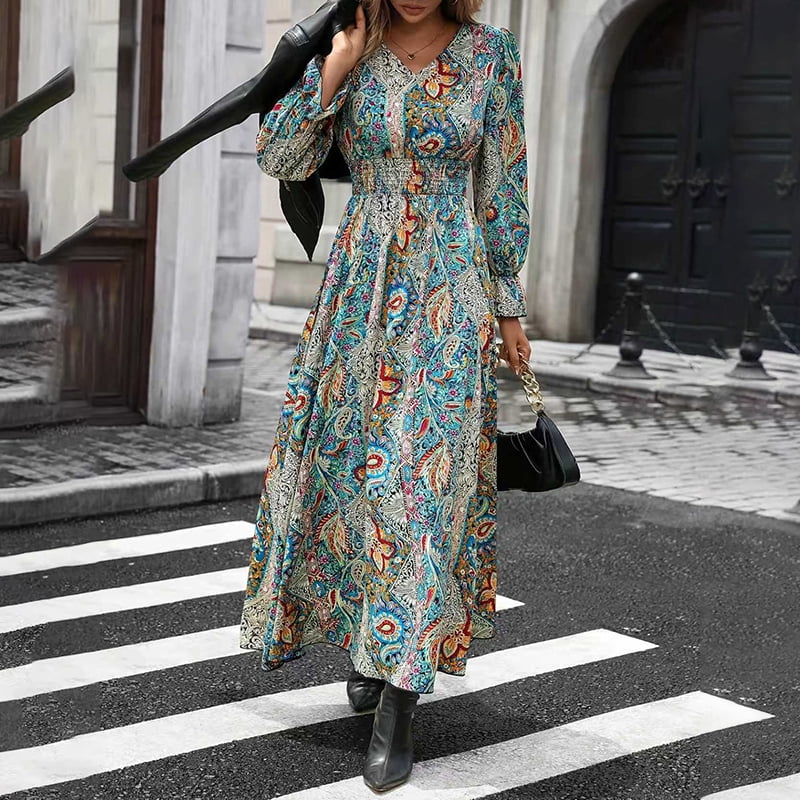 ZOELNIC Women's Fall Long Sleeve Maxi Dress Boho Floral Print V