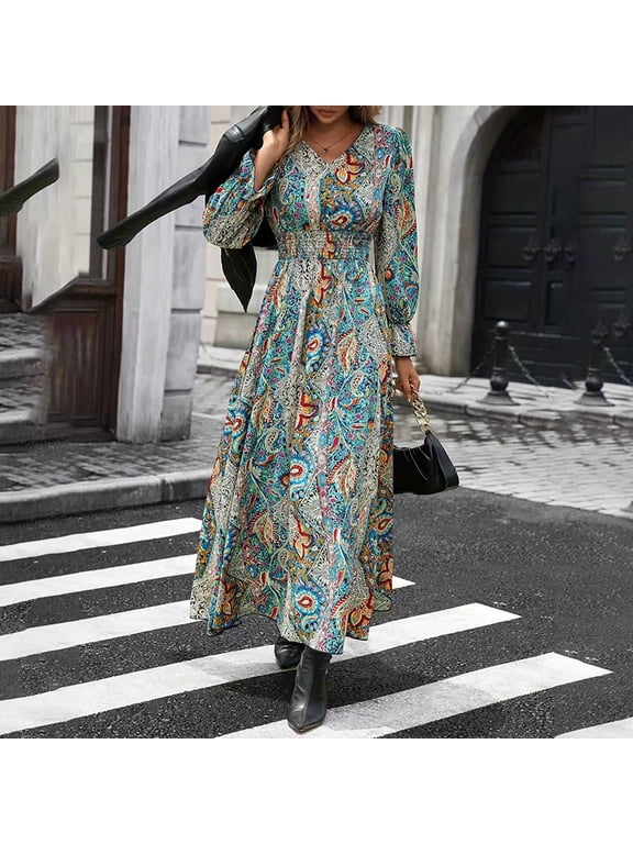 Women's Fall Long Sleeve Maxi Dress Boho Floral Print V Neck Empire Waist A Line Flowy Dresses, S