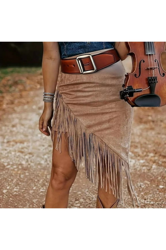 Women's Faux Suede Fringe Skirt Asymmetrical Hem Tassel Bodycon Cowgirl Short Skirt for Western Party, L