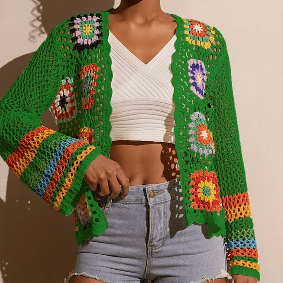 ZOELNIC Women's Floral Crochet Cardigan Hollow Out Open Front Long Sleeve Cardigan Sweater, XL