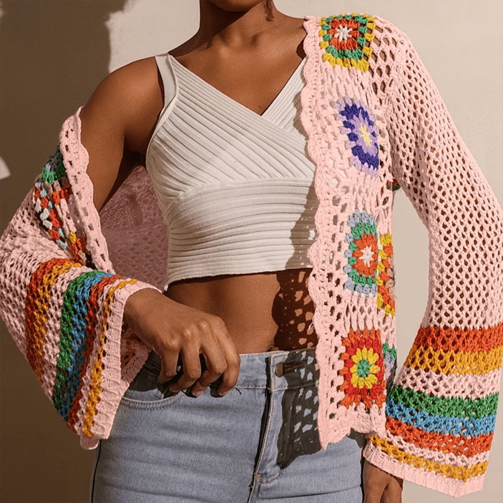 ZOELNIC Women's Floral Crochet Cardigan Hollow Out Open Front Long