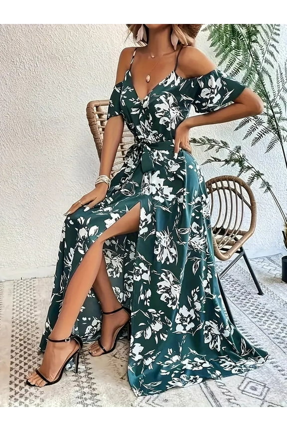 Women's Floral Maxi Dress Cold Shoulder Split Thigh Belted A Line Long Summer Dress, M
