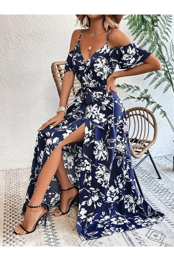 Women's Floral Maxi Dress Cold Shoulder Split Thigh Belted A Line Long Summer Dress, S