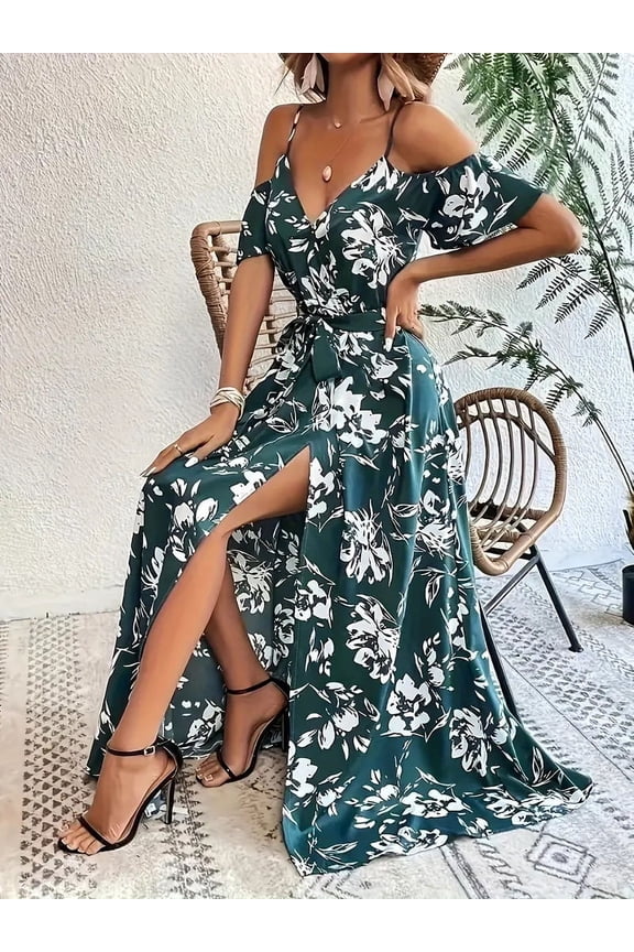 Women's Floral Maxi Dress Cold Shoulder Split Thigh Belted A Line Long Summer Dress, XL