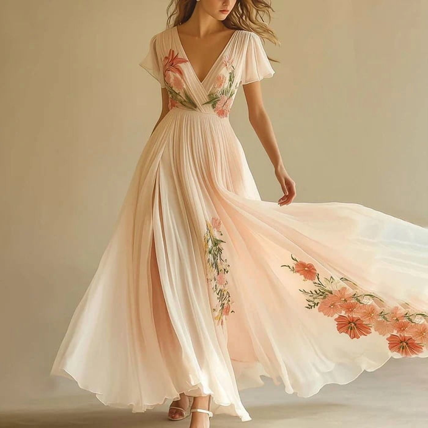 empire waist summer wedding guest dress ZOELNIC Women's Floral Maxi Flowy V Neck Party Casual Chiffon Dress, XL Color:10-grey priority-02-tempest-v-neck-bodice-ankle-gown-graphite Linen Elegant Casual Date Floral dress it drapes beautifully and