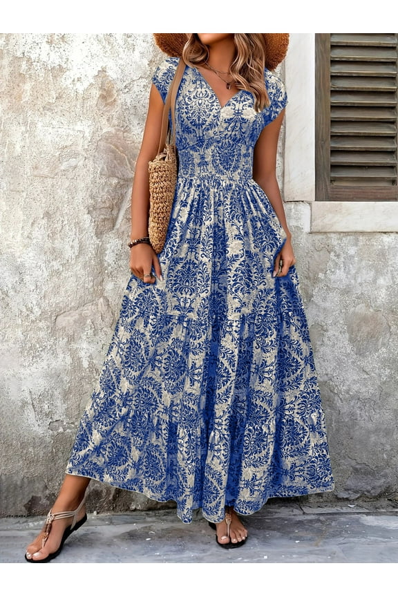 Women's Floral Maxi Dress V-Neck Short Sleeve Smocked Waist Dress, High Waist Summer Fall Boho Chic Long Dress, L