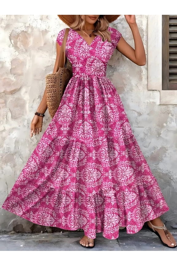 Women's Floral Maxi Dress V-Neck Short Sleeve Smocked Waist Dress, High Waist Summer Fall Boho Chic Long Dress, M