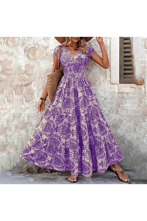 Women's Floral Maxi Dress V-Neck Short Sleeve Smocked Waist Dress, High Waist Summer Fall Boho Chic Long Dress, M