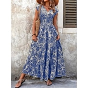 ZOELNIC Women's Floral Maxi Dress V-Neck Short Sleeve Smocked Waist Dress, High Waist Summer Fall Boho Chic Long Dress, S