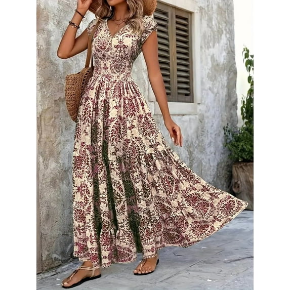 ZOELNIC Women's Floral Maxi Dress V-Neck Short Sleeve Smocked Waist Dress, High Waist Summer Fall Boho Chic Long Dress, S