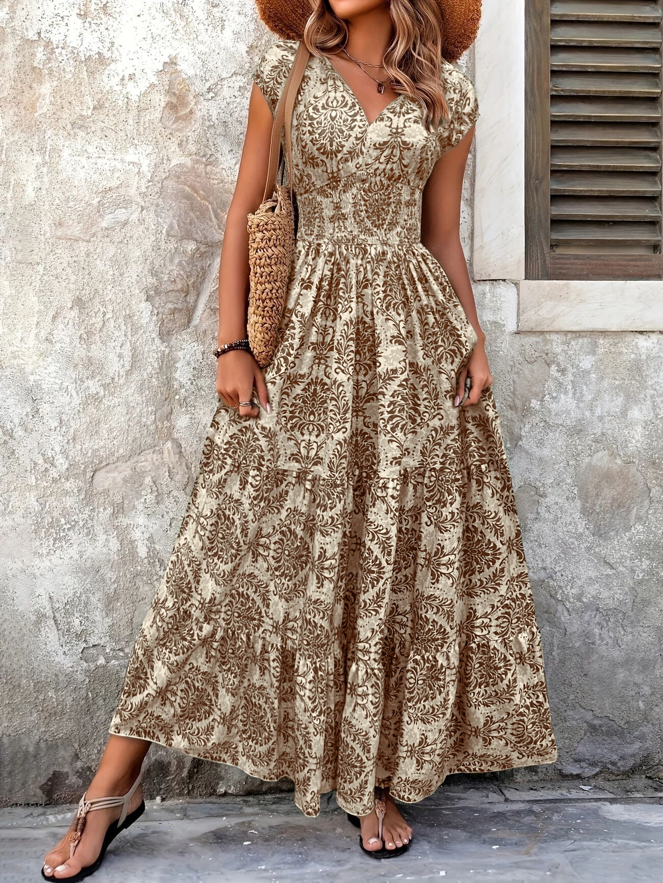 ZOELNIC Women's Floral Maxi Dress V-Neck Short Sleeve Smocked Waist Dress, High Waist Summer Fall Boho Chic Long Dress, M - Walmart.com ZOELNIC Women's Floral Maxi Dress V-Neck Short Sleeve Smocked Waist Dress, High Waist Summer Fall Boho Chic Long Dress, M - Walmart.com