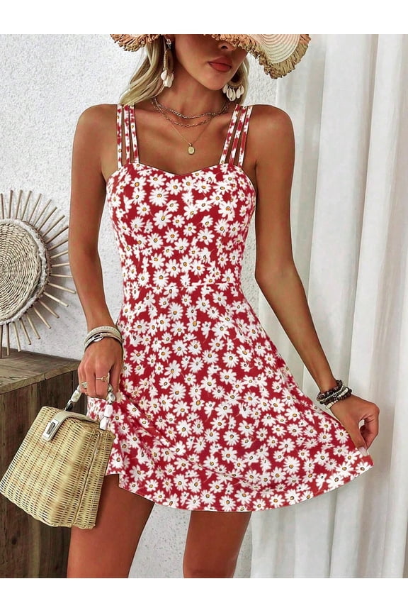 Women's Floral Print Cami Dress Spaghetti Strap A Line Flowy Summer Mini Sundress, M