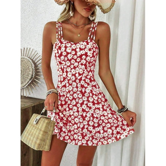 ZOELNIC Women's Floral Print Cami Dress Spaghetti Strap A Line Flowy Summer Mini Sundress, M