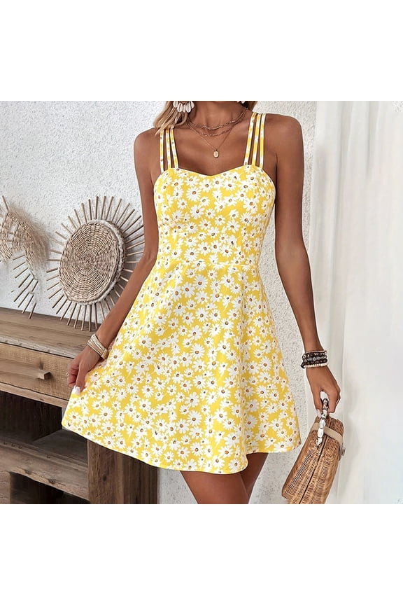 Women's Floral Print Cami Dress Spaghetti Strap A Line Flowy Summer Mini Sundress, S