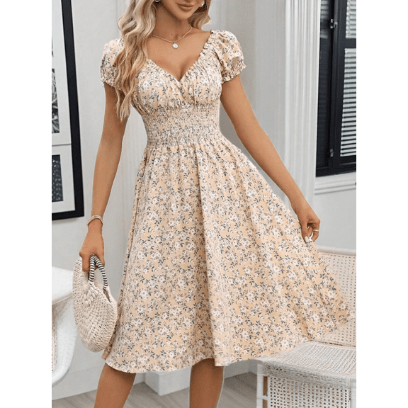 ZOELNIC Women's Floral Summer Dress Casual Short Sleeve Ruffle Flowy Midi Sundress Boho Beach Vacation Dress, M