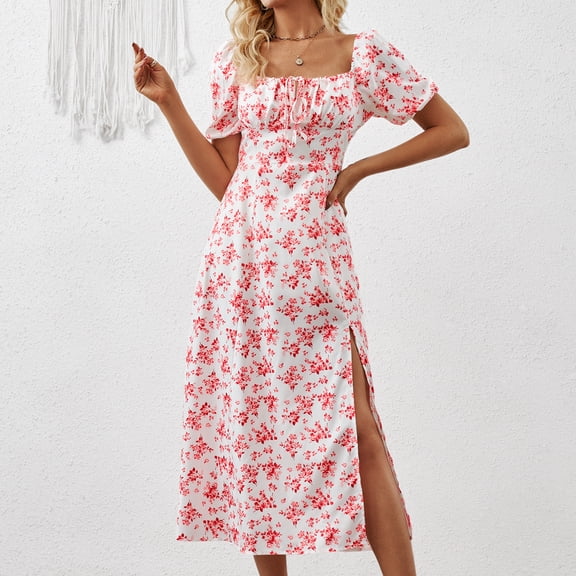 ZOELNIC Women's Floral Summer Dress Square Neck Puff Sleeve Boho Midi Dress with Ruched Bust & High Waist Split, Casual & Beach Outfit, 2XL