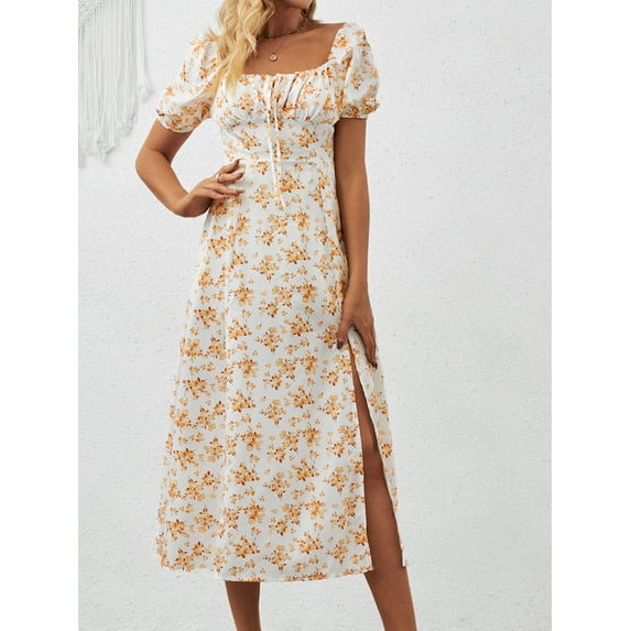 ZOELNIC Women's Floral Summer Dress Square Neck Puff Sleeve Boho Midi Dress with Ruched Bust & High Waist Split, Casual & Beach Outfit, S