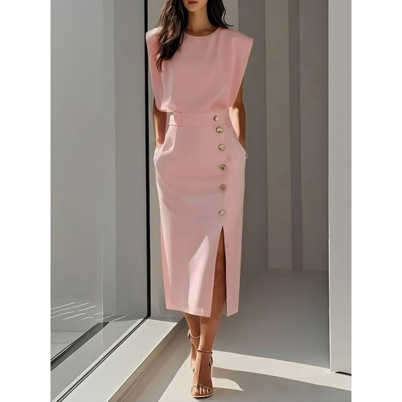 ZOELNIC Women's Formal Wedding Guest Dress Elegant Sleeveless Pleated Bodycon Midi Dress with Side Slit & Button Detail, M