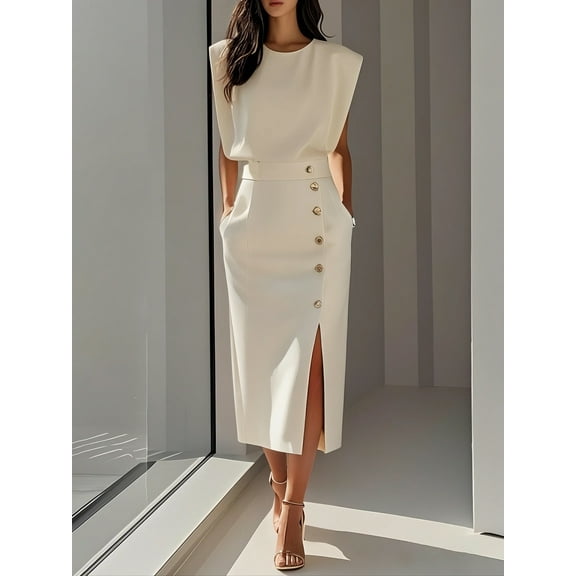 ZOELNIC Women's Formal Wedding Guest Dress Elegant Sleeveless Pleated Bodycon Midi Dress with Side Slit & Button Detail, S