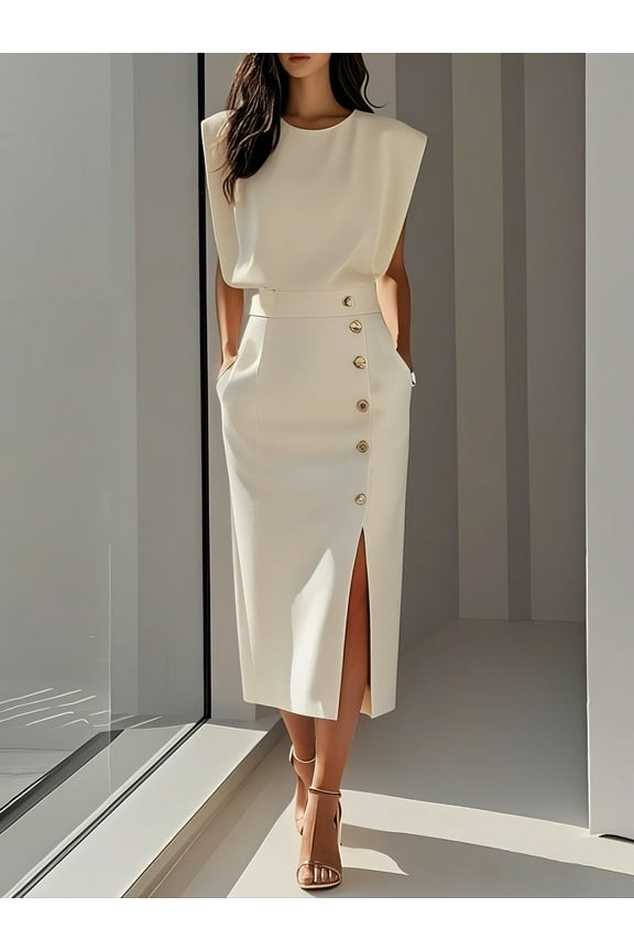 Women's Formal Wedding Guest Dress Elegant Sleeveless Pleated Bodycon Midi Dress with Side Slit & Button Detail, S