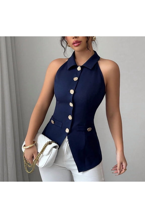 Women's Halter Neck Vest Lapel Collar Button Down Sleeveless Blazer Vest Business Casual Tops, XL
