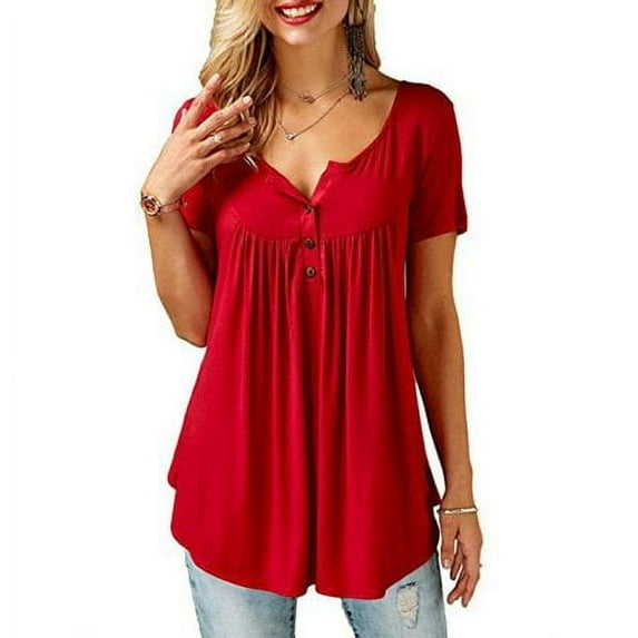 ZOELNIC Women's Henley V-Neck Short Sleeve Casual Blouse Pleated Button Tunic Shirt Top