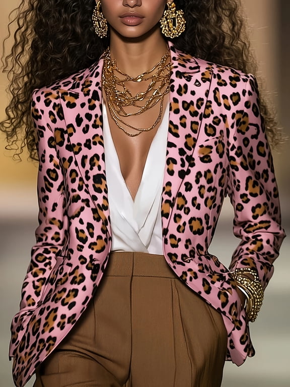 Women's Leopard Print Blazer Long Sleeve One Button Front Lapel Neck Casual Business Jackets, L