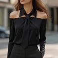 thumbnail image 1 of ZOELNIC Women's Off-Shoulder Tie Neck Shirt Solid Color Slim Fit Blouse for Elegant Casual, L, 1 of 6