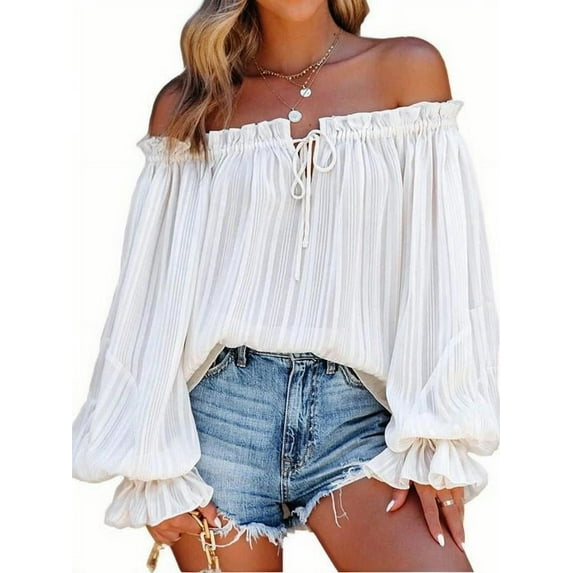 ZOELNIC Women's Off Shoulder Top Ruffle Long Sleeve Chiffon Blouse Casual Loose Shirts, M