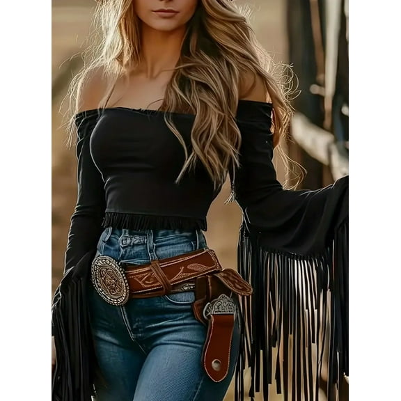 ZOELNIC Women's Off The Shoulder Fringe Trim Tops Western Cowgirl Long Sleeve Crop Top Tassel Shirt Blouses, M