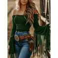 thumbnail image 1 of ZOELNIC Women's Off The Shoulder Fringe Trim Tops Western Cowgirl Long Sleeve Crop Top Tassel Shirt Blouses, S, 1 of 4