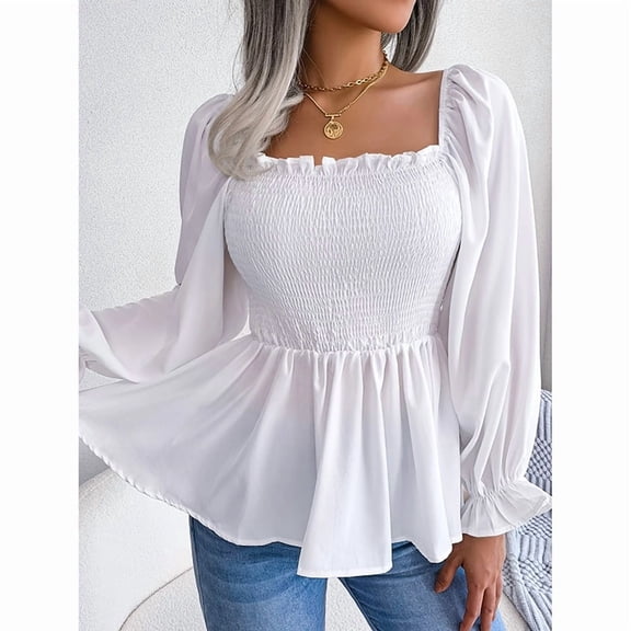 ZOELNIC Women's Peplum Tops Square Neck Ruffle Trim Long Sleeve Blouse Smocked Top Dressy Casual Shirts, S