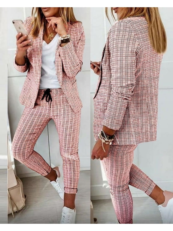 Women's Plaid Business Suit Set - 2 Piece Office Outfit with Slim Fit Blazer & Pants, Open Front Professional Work Suit, Comfort Workwear, 2XL