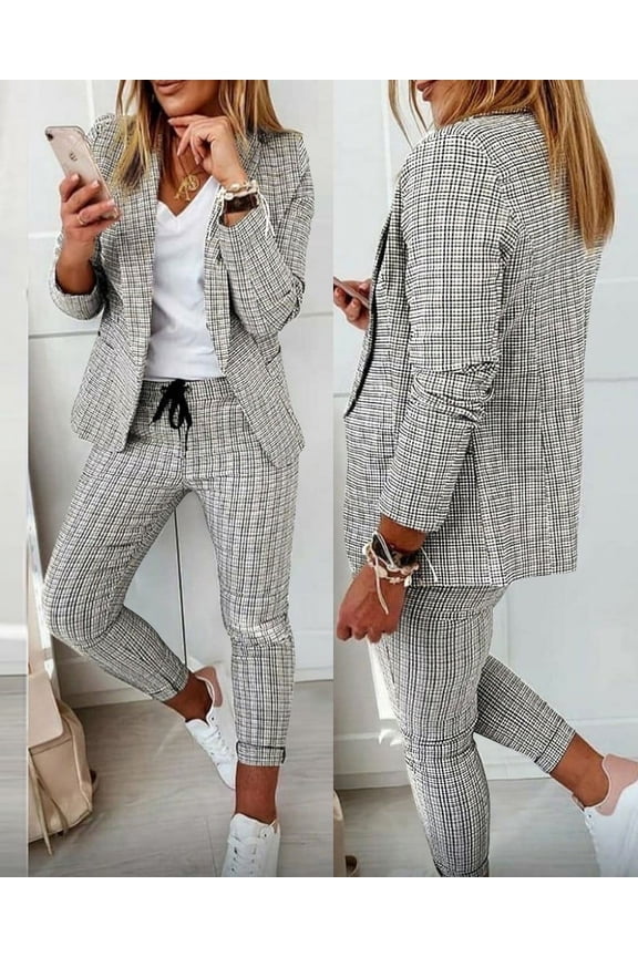 Women's Plaid Business Suit Set - 2 Piece Office Outfit with Slim Fit Blazer & Pants, Open Front Professional Work Suit, Comfort Workwear, S