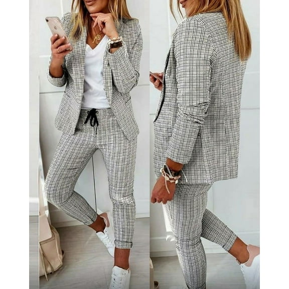 ZOELNIC Women's Plaid Business Suit Set - 2 Piece Office Outfit with Slim Fit Blazer & Pants, Open Front Professional Work Suit, Comfort Workwear, S
