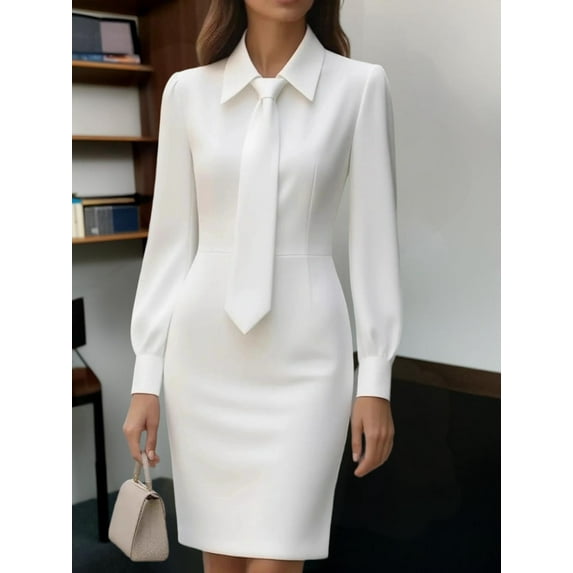 ZOELNIC Women's Puff Long Sleeve Bodycon Midi Dress with Collared Tie Neck for Business Office, S