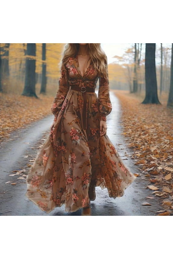 Women's Retro Bohemian Maxi Dress Long Sleeve Floral Print, V Neck Vintage Style Boho Dress, 2XL