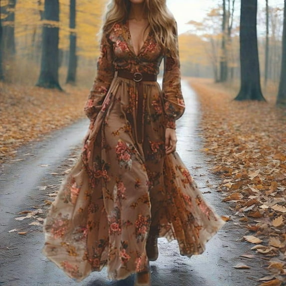 ZOELNIC Women's Retro Bohemian Maxi Dress Long Sleeve Floral Print, V Neck Vintage Style Boho Dress, S