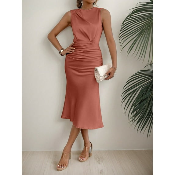 ZOELNIC Women's Ruched Bodycon Dress Summer Casual Sleeveless Elegant Club Evening Party Cocktail Midi Dresses, L