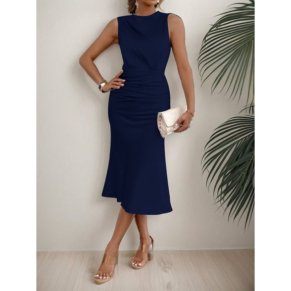 ZOELNIC Women's Ruched Bodycon Dress Summer Casual Sleeveless Elegant Club Evening Party Cocktail Midi Dresses, S