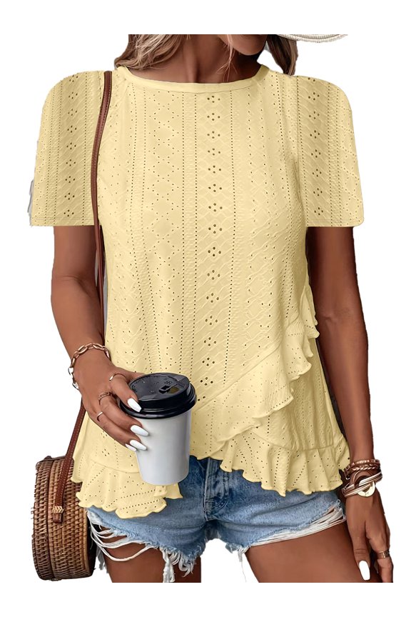 Women's Ruffle Hem Tunic Tops Summer Short Sleeve Loose T-Shirt Blouses