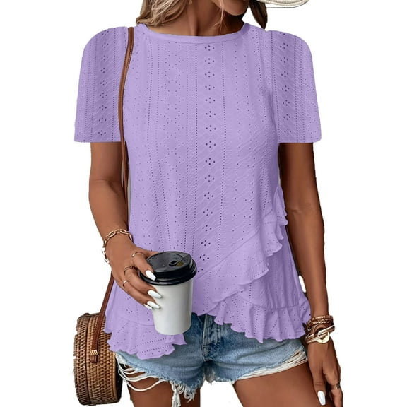 ZOELNIC Women's Ruffle Hem Tunic Tops Summer Short Sleeve Loose T-Shirt Blouses