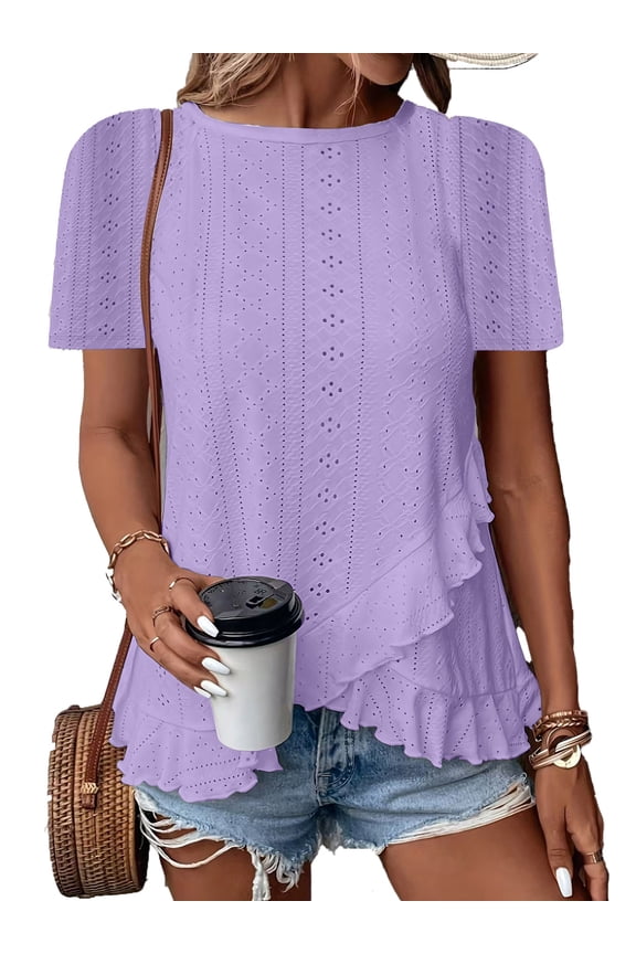 Women's Ruffle Hem Tunic Tops Summer Short Sleeve Loose T-Shirt Blouses