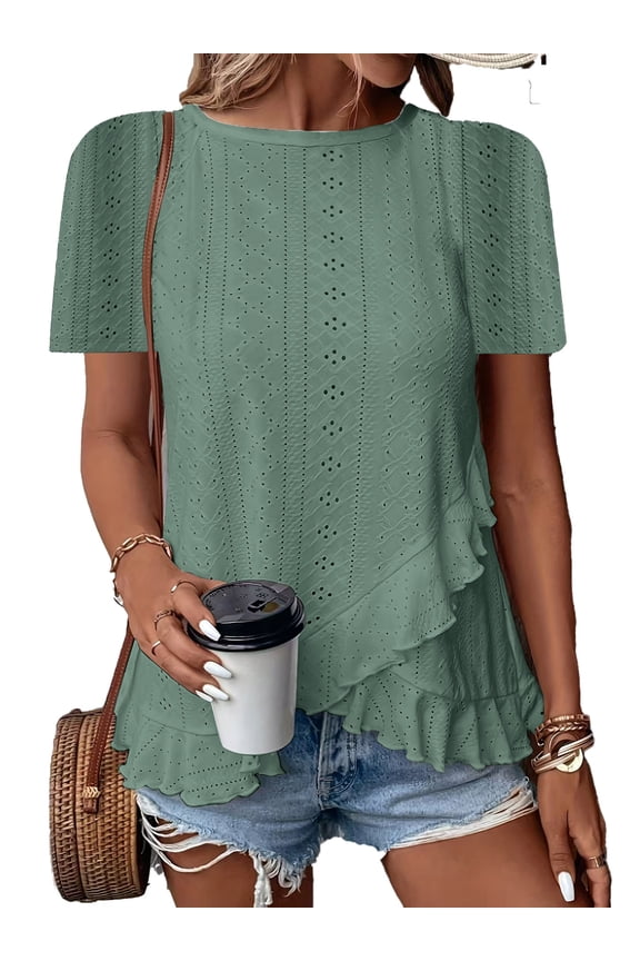 Women's Ruffle Hem Tunic Tops Summer Short Sleeve Loose T-Shirt Blouses