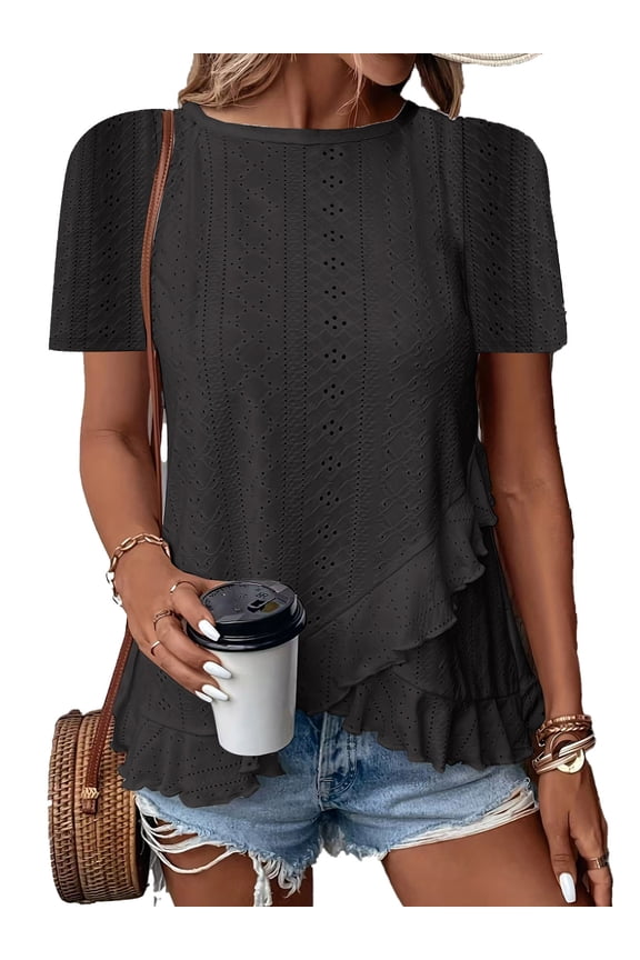 Women's Ruffle Hem Tunic Tops Summer Short Sleeve Loose T-Shirt Blouses