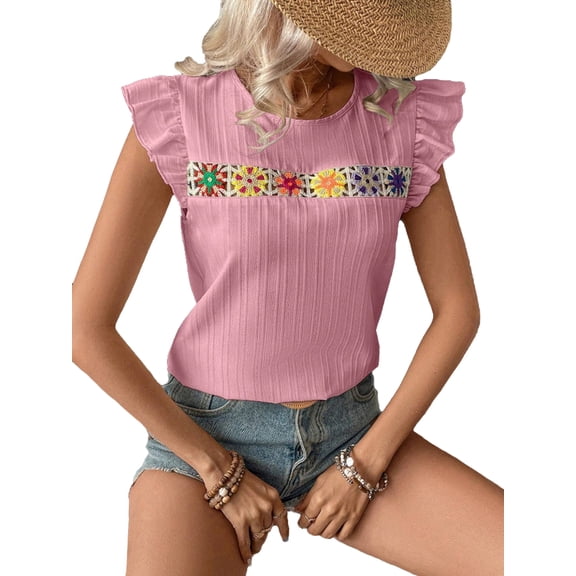 ZOELNIC Women's Ruffle Short Sleeve Summer Tops Cute Crew Neck Floral Crochet Blouses Shirts, M