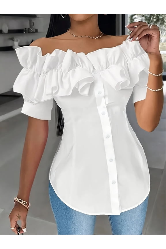Women's Sexy Ruffle Trim Off Shoulder Short Sleeve Button Down Blouse Shirts Summer Loose Tunic Tops, L