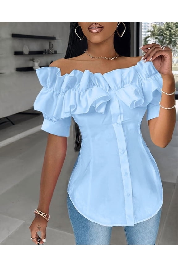 Women's Sexy Ruffle Trim Off Shoulder Short Sleeve Button Down Blouse Shirts Summer Loose Tunic Tops, S